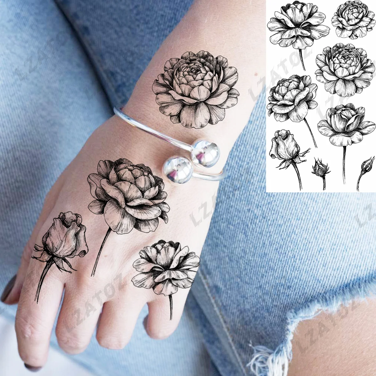 

Realistic Peony Flower Temporary Tattoos For Woman Adults Lotus Flora Fake Tattoo Hand DIY Washable Tatoos Paste