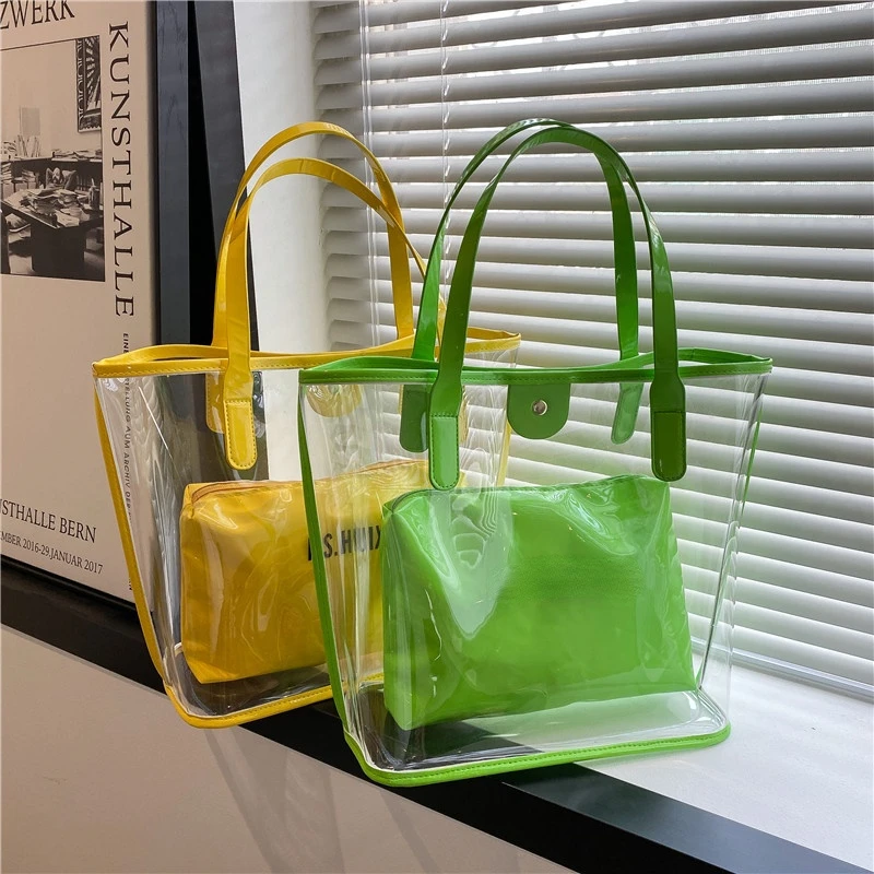 PVC Laser Aurora Transparent Jelly Bag Large Capacity Laser Clear Son-Mother Travel Tote 2pcs/set Casual PVC Women Jelly Handbag