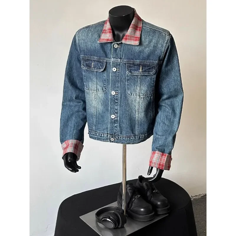 American Retro Plaid Lapel Jeans Jacket Men's Autumn Design Sense Shoulder Padded Splicing Tide