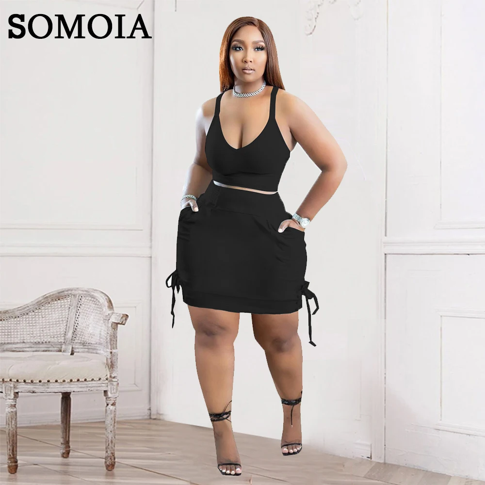 

SOMOIA Plus Size Women Clothing Fashionable Sexy V-Neck Solid Color Set Vest Short Skirt Two Piece Set Wholesale Dropshipping