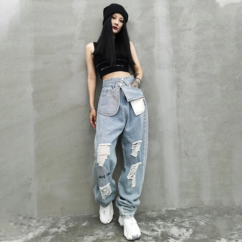 2021 Mujer Fall New High Waist Jeans Women Hole Light Blue Straight Trousers Streetwear Wide-leg Pants Female Solid Denim Pants
