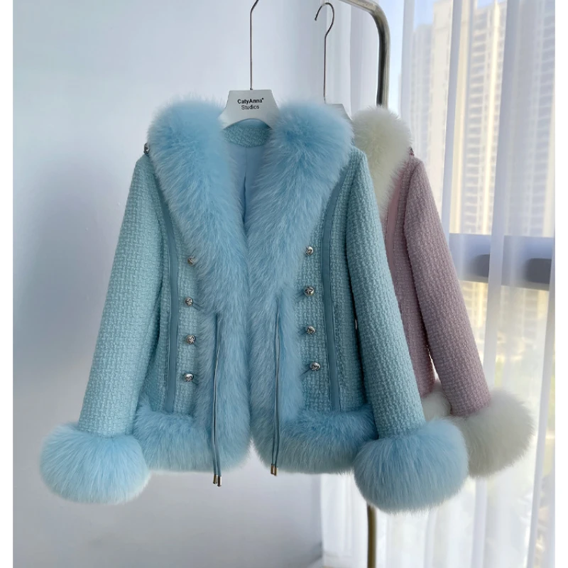 

Hot Sales 2023 Women Natural Fox Fur Weave Knit Buttons Tweed Blended Casual Thick Warm Real Fur Coat New Winter Jacket