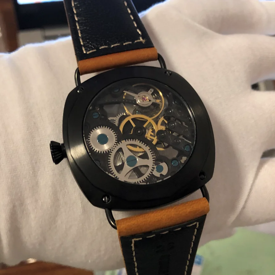 45 мм черный 6497 скелетонизированный механизм PVD Корпус из нержавеющей стали 316L