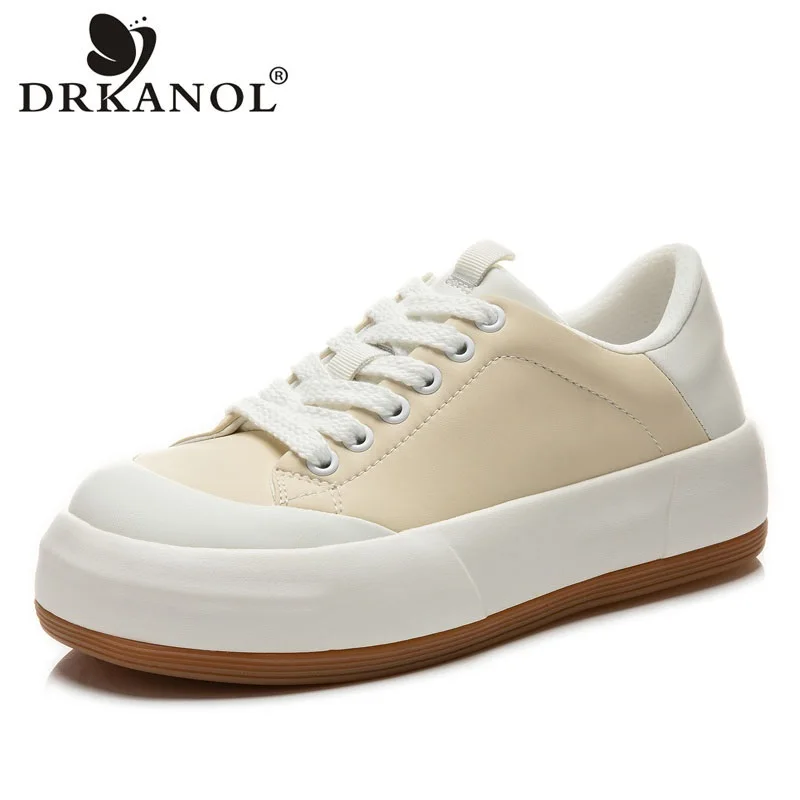 

DRKANOL Fashion Design Women Platform Shoes Lace-up Round Toe Flat Sneakers Women Split Leather All-match Vulcanized Shoes H3716