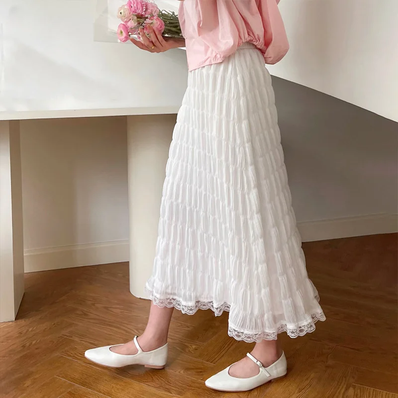 

Treutoyeu Lace Patchwork Long Black Polyester Pleated Skirts for Women Apricot High Waist Spring Summer Fairy Skirt Korean Style