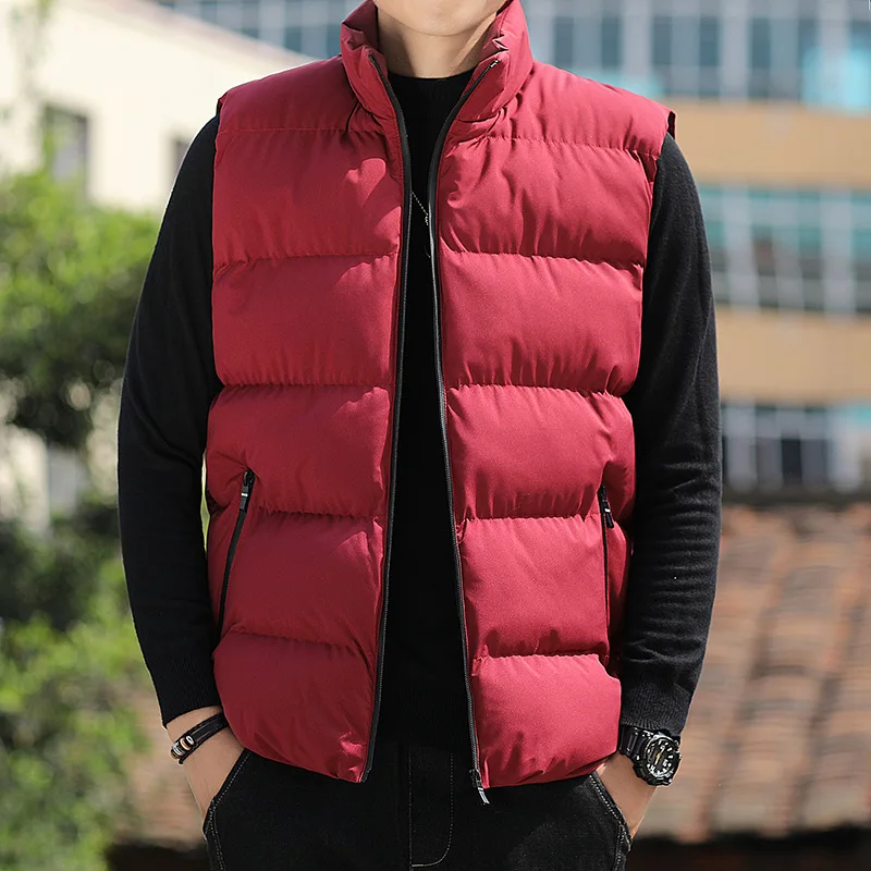 New Men's Down Cotton Vest Autumn Winter Sleeveless Casual Jacket Vest Thickened Warm Zipper Stand Collar Quilted Shoulder Coat