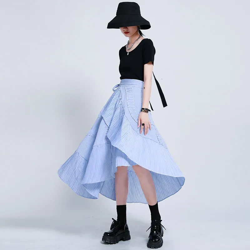 Skirts Summer Lace Long A-line High Waist Blue Striped Ruffled Irregular Pleated Skirt