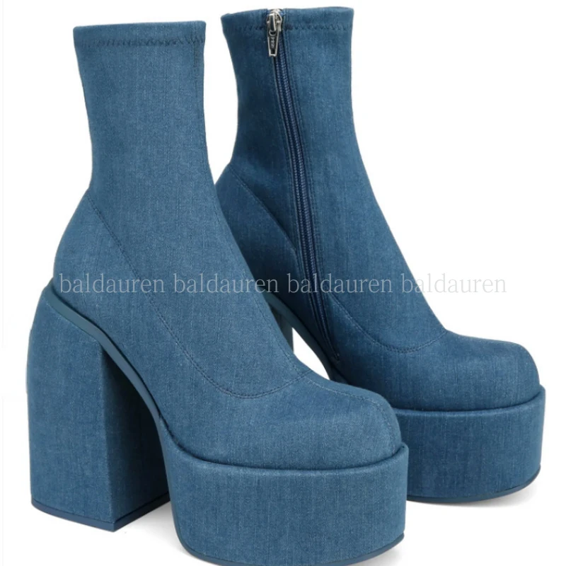 

New Spring Autumn Women's Boots Square Toe Chunky Super High Heel Ankle Boots Zipper Platform Solid Fashion Boots Plus Size 43