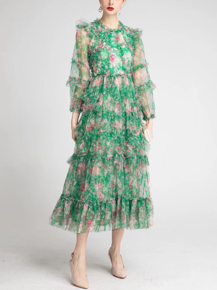

High Quality Women'S Spring Summer New Bohemian Green Sunscreen Slim Vintage Print Mesh Long Dress Fashion Casual Party Dresses