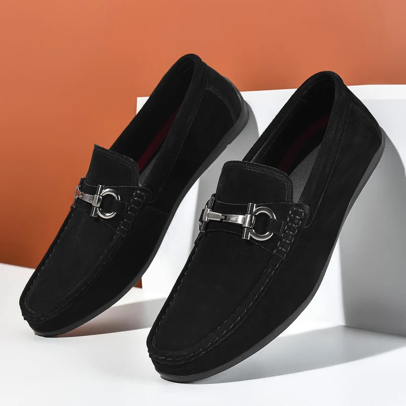 

Summer Luxury Brand Slip-On Men Shoes Metal Button Loafers Suede Leather Comfortable Moccasins Casual Shoes Genuine Nubuck Shoes