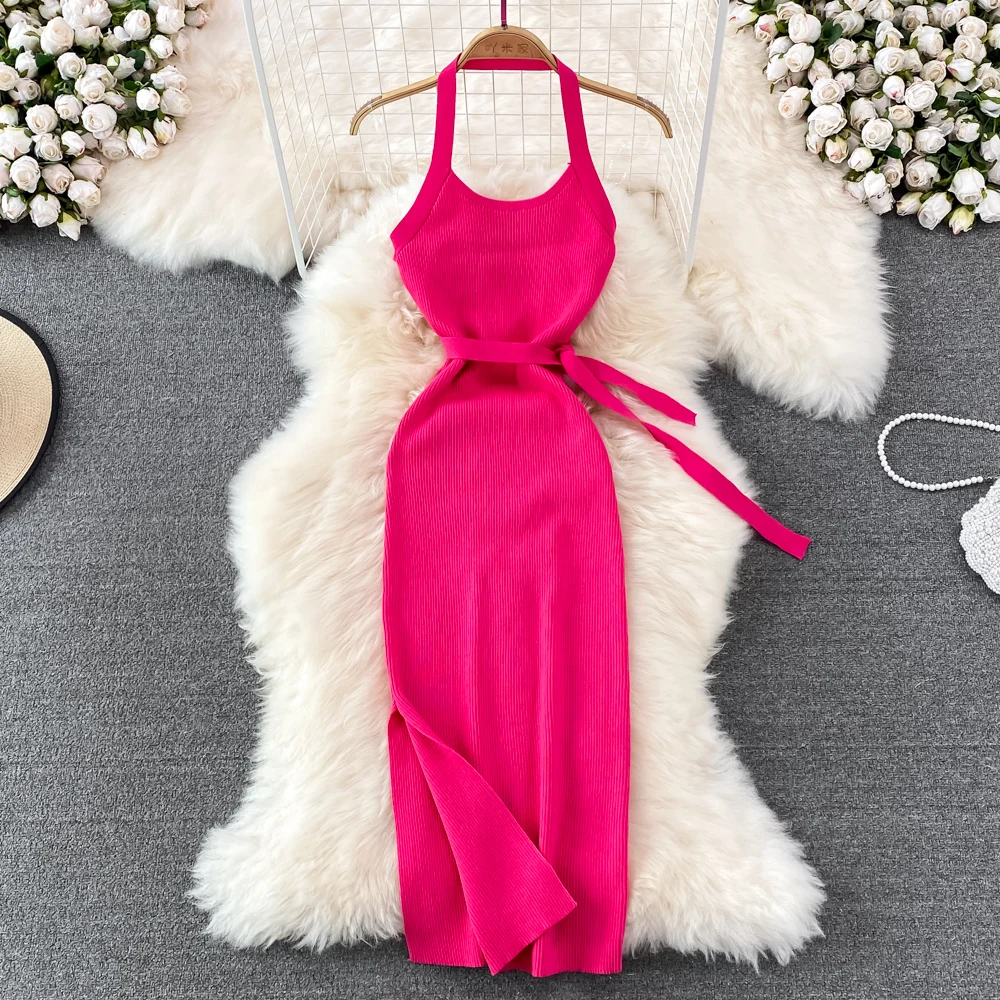 

Halter Sexy Side Split Dress Off Shoulder elastic slim Bodycon Chic Party Club Midi Vestidos Vintage Bandage Boho Women sundress