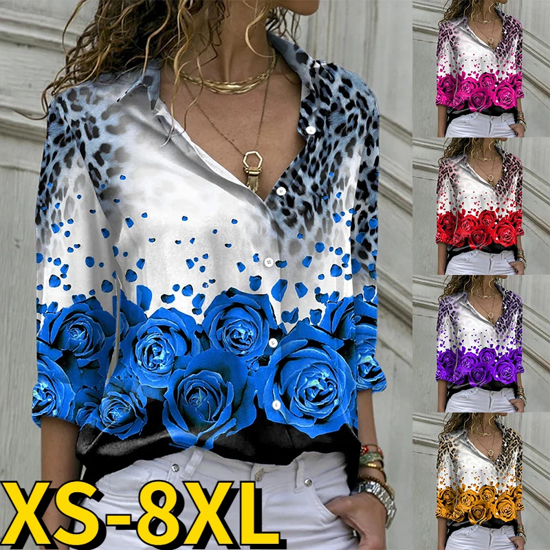 

2022 New Autumn Winter Women's Blouses Daily Slim Tops V-Neck Fashion 3D Painting Shirt Street Floral Print Loose Long Sleeve
