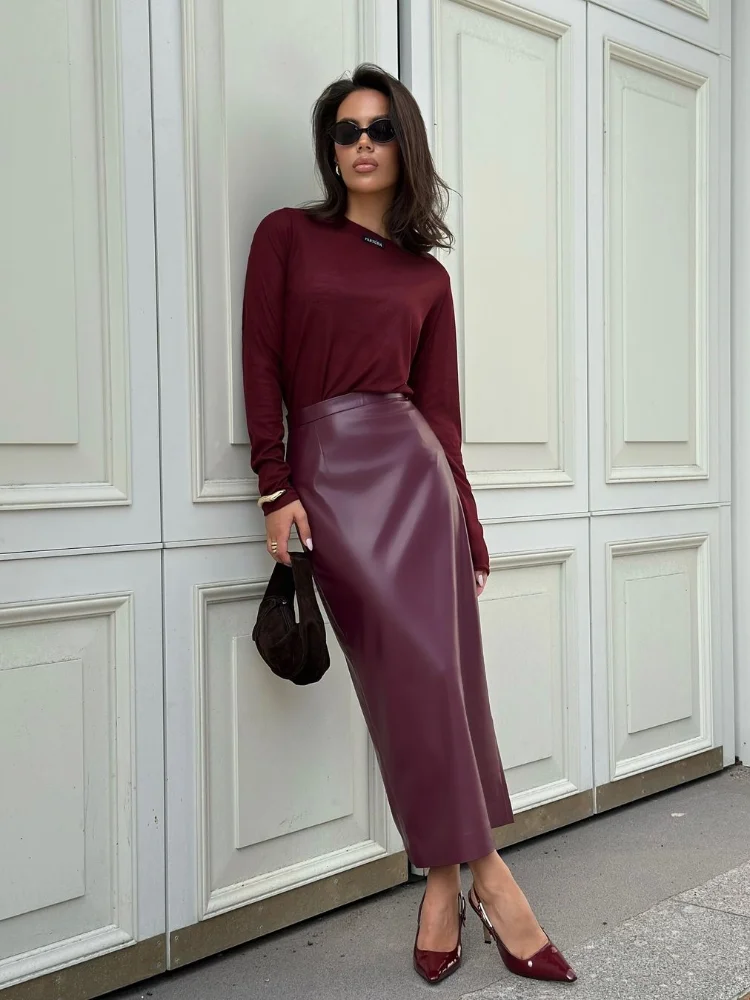 Модные красные облегающие кожаные длинные юбки с высокой талией Женская