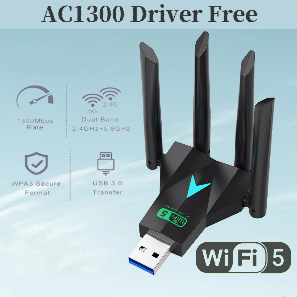 Фото 1300 Мбит/с Wi-Fi USB-адаптер 5G 2.4G Двухдиапазонный драйвер Бесплатный USB 3.0 Wi-Fi ключ 802.11AC 4 Антенна Беспроводной приемник Аксессуары для ПК