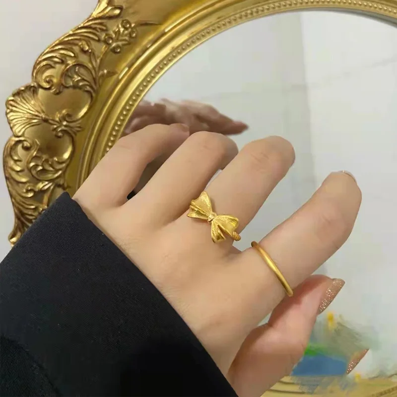 

Bowknot Ring Female Index Finger Ring Opening Can Be Adjusted Original Design Niche Vietnam Shajin Simulation Gold 24k