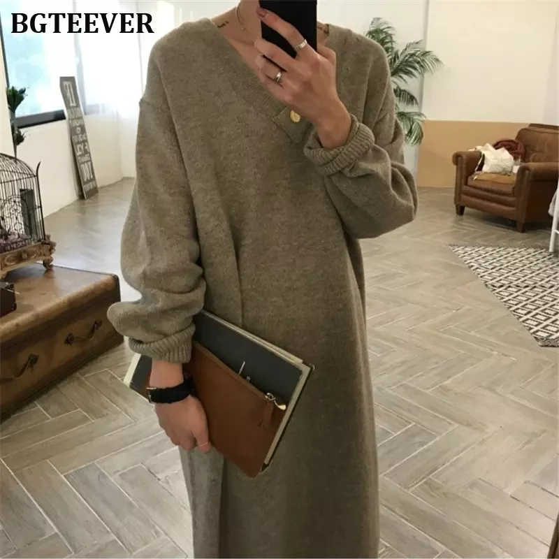 

BGTEEVER Chic Oversize Thick Long Sweater Dress Women V-neck Autumn Winter Straight Sweater Dress Female Casual Loose Knit Dress