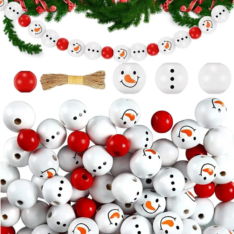 

Рождественские деревянные бусины в виде снеговика, 200 шт., рождественские бусины ручной работы, рождественские бусины с веревкой для рукоде...