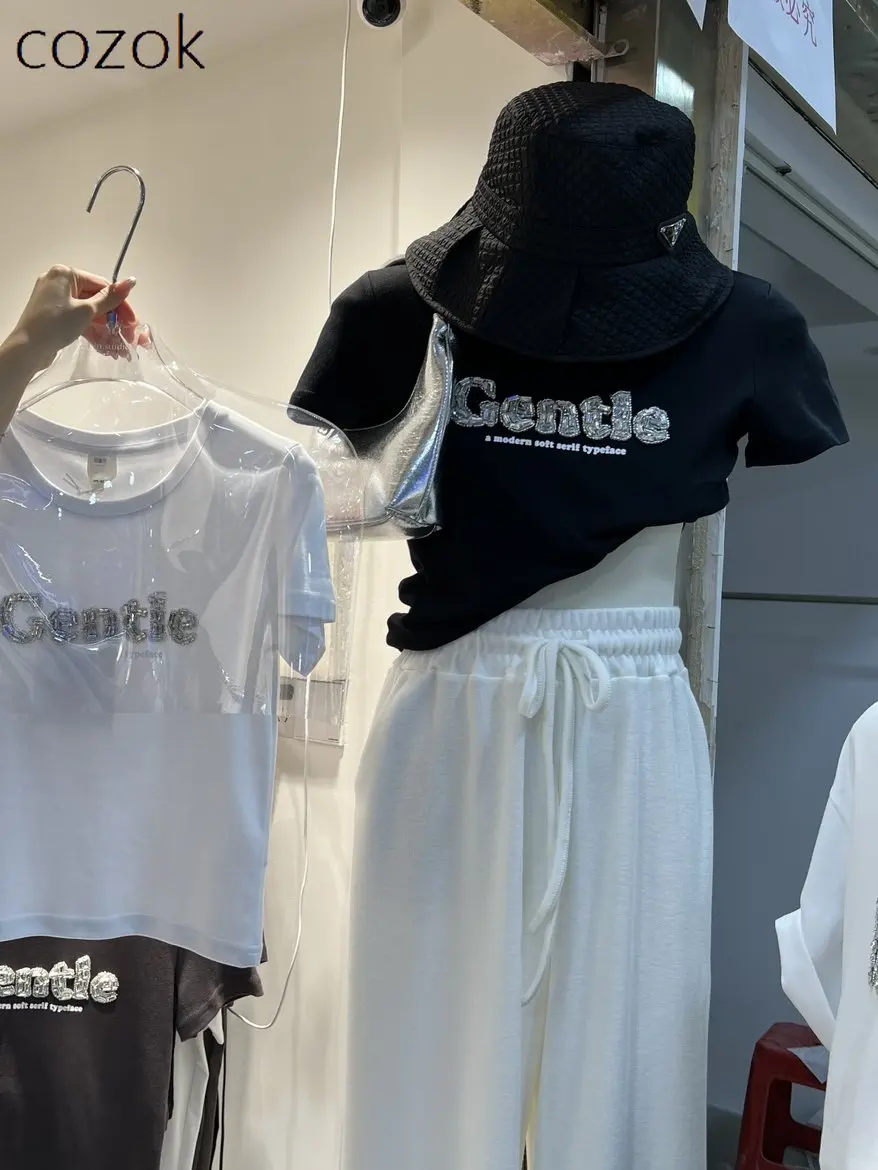 

Тяжелая промышленная женская футболка с коротким рукавом, весна-лето 2023, новые модные женские топы с круглым вырезом и алмазными буквами