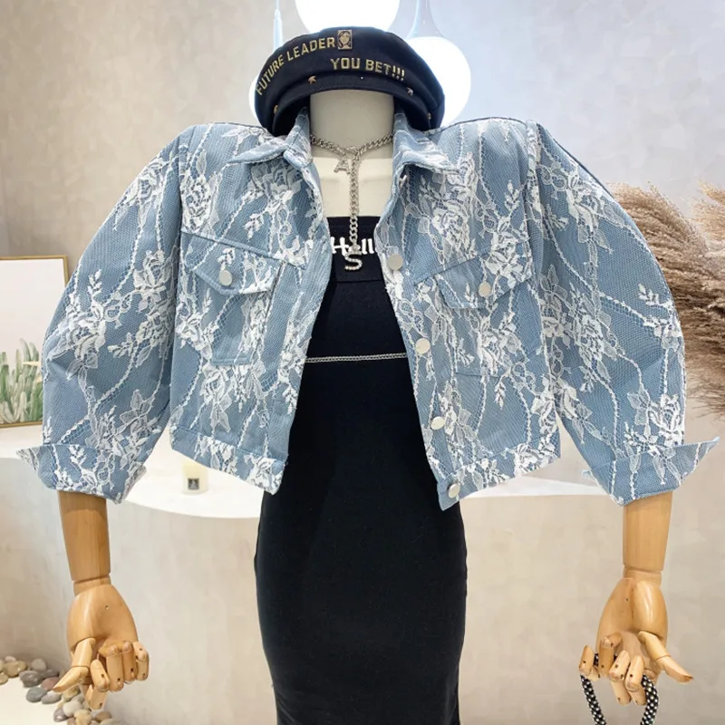 

Niche Design New Women's Clothing 2022 Spring Versatile Long Sleeve Lace Jacket Short Denim Cost Top Jacket Feminina