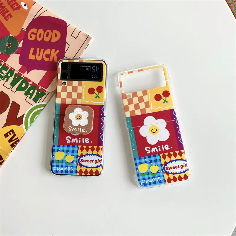 

Case for Samsung Galaxy Z Flip 3 5G Cartoon Smile Flower Protective Shell with Phone Holder Kickstand Back Cover