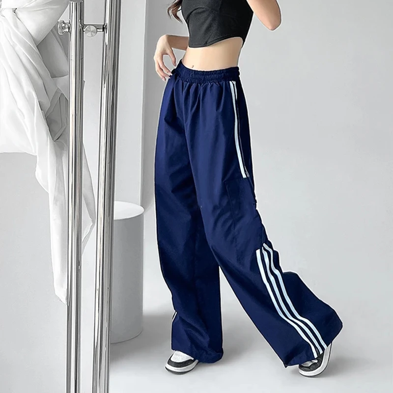 High Waist Drawstring Cargo Pant Wide Leg Joggers Trousers Striped Harajuku Baggy Parachute Pants Sweatpants Women Clothes Y2k