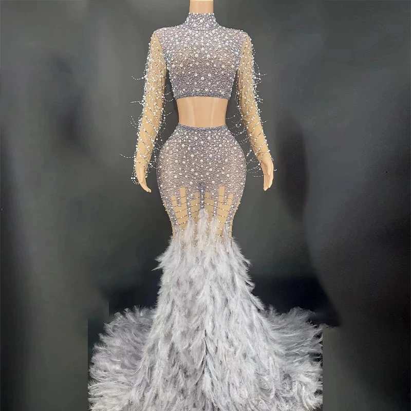 

Sparkly Rhinestones Pearl Transparent Top Long Skirt Two Pieces Set Women's Birthday Celebrate Evening Prom Party Feather Dress