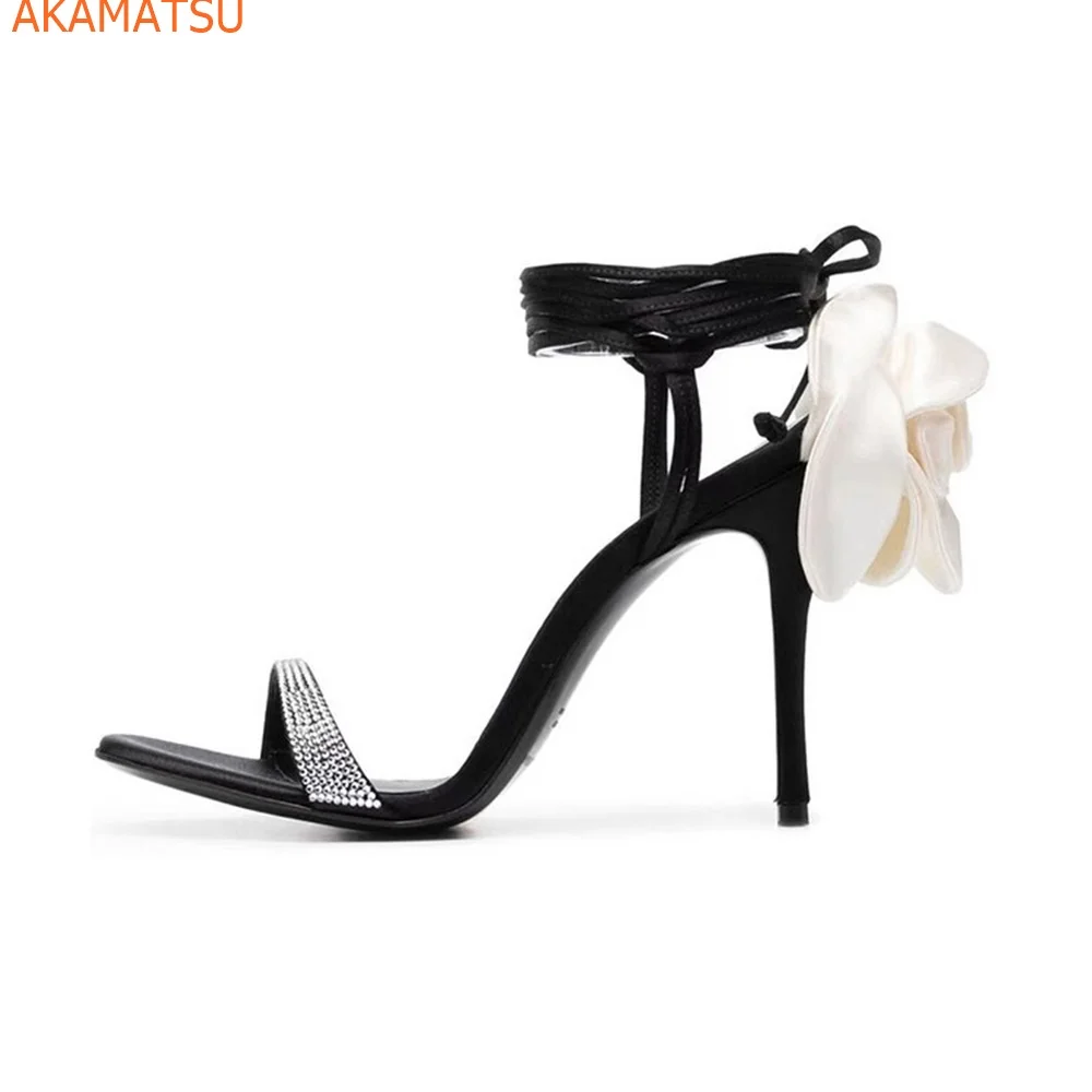 

Flower Solid Peep Toe Women Sandals Ankle Strap Lace Up Slingback Straight Strap New Arrivals Stiletto Heels Newest Women Shoes