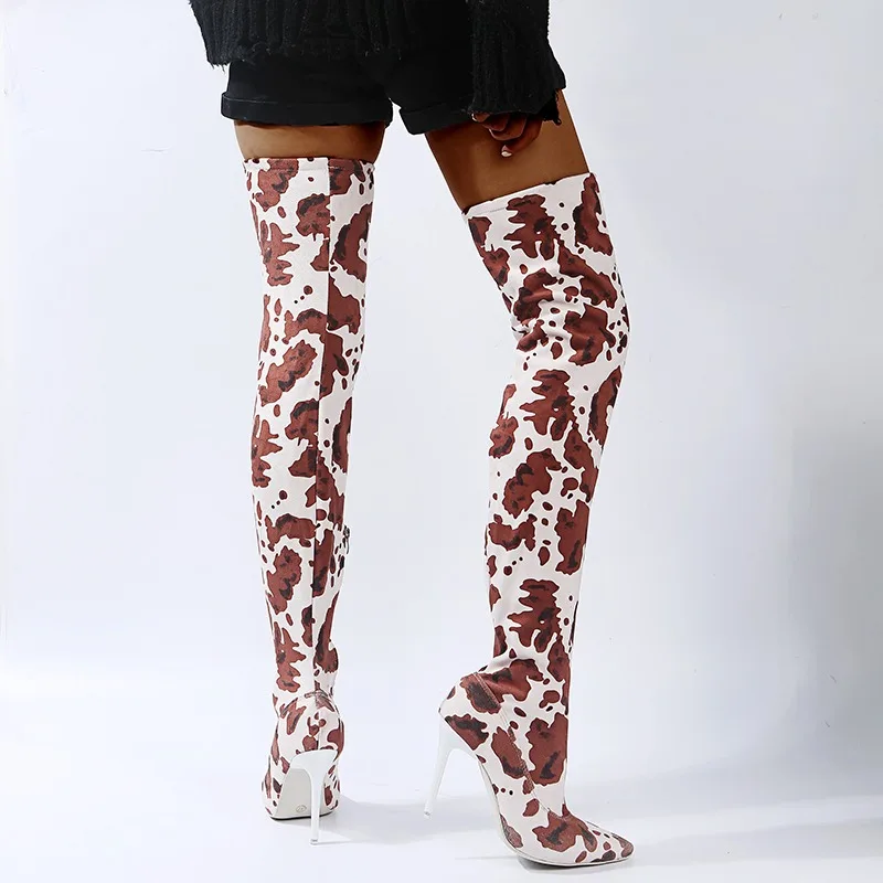 Cow Leopard Long Boots Women High Heel Boot Pointed Toe Sexy Club Shoes Thigh High Over-the-Knee Boots