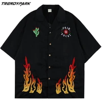 mens shirt funny embroidery fire flame oversized shirt tops 2022 casual streetwear summer short sleeve blouses shirts for men