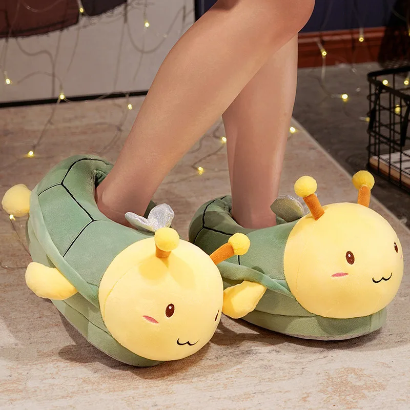 Fun Women Slippers All Inclusive Home Fur Warm Ladies Plush Shoes One Size Fluffy Girls Sliders 2023 New Fur Cartoon Turtle Bee