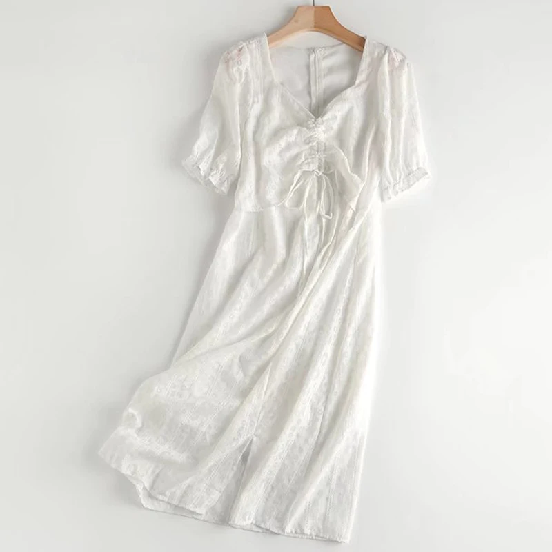

Women White Dress With Puff Sleeve Summer 2022 New Fashion Mid-Calf Feminino Vestido