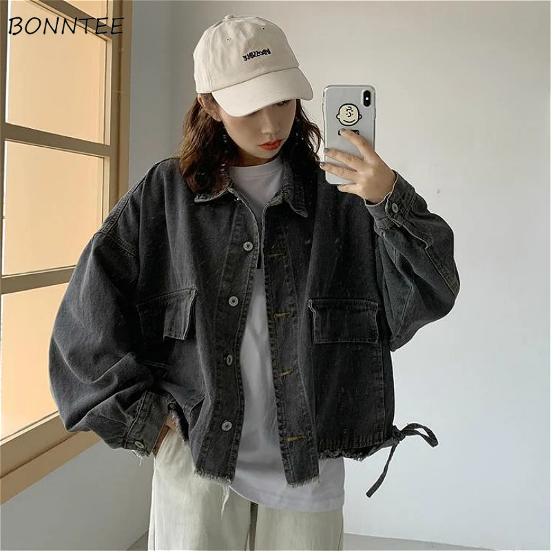 

Basic Jackets Women Spring Chic Denim Harajuku Baggy Youth Female Short Outwear Korean Tassel All-match Preppy Girl Streetwear