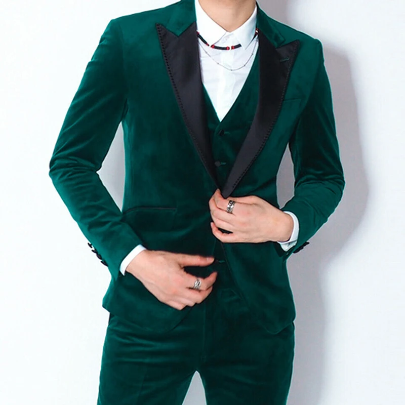 

Темно-зеленые бархатные облегающие мужские костюмы для выпускного вечера, 3 шт., черный смокинг для жениха на свадьбу с заостренным лацканом, индивидуальный мужской модный комплект одежды