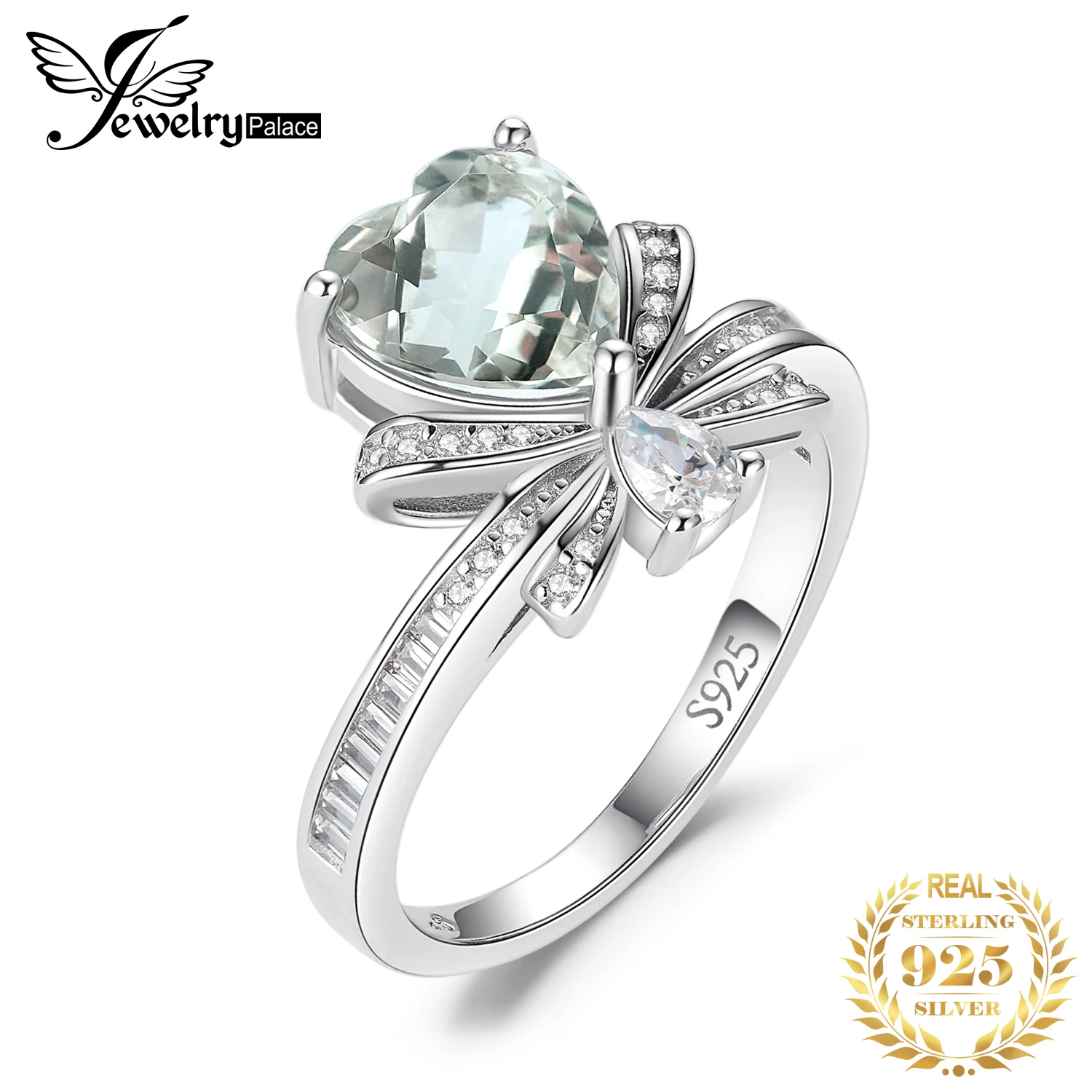 

JewelryPalace New Arrival Love Heart Bow Knot 1.9ct Natural Green Amethyst 925 Sterling Silver Ring for Woman Girl Jewelry Gift