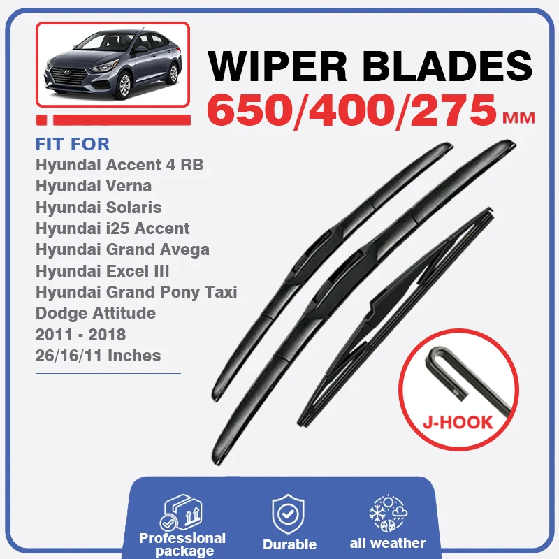 

Front Rear Wiper Blades For Hyundai Accent 4 RB Solaris Verna 2011 - 2018 Car Windshield Windscreen Brushes Window 26"+16"+11"