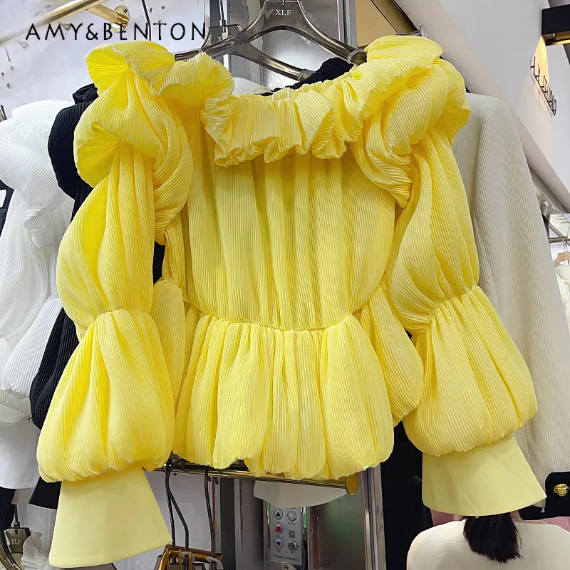 

2023 французская шифоновая рубашка, плиссированная Милая рубашка с вырезом лодочкой и открытыми плечами, женский летний облегающий топ с рукавами-фонариками