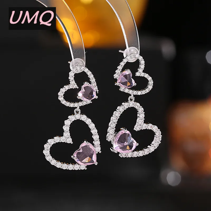 

UMQ Luxury Heart Drop Dangle Earrings for Women Purple Red Cubic Zirconia 925 Silver Post Jewelry Woman Party Friend Gift Box