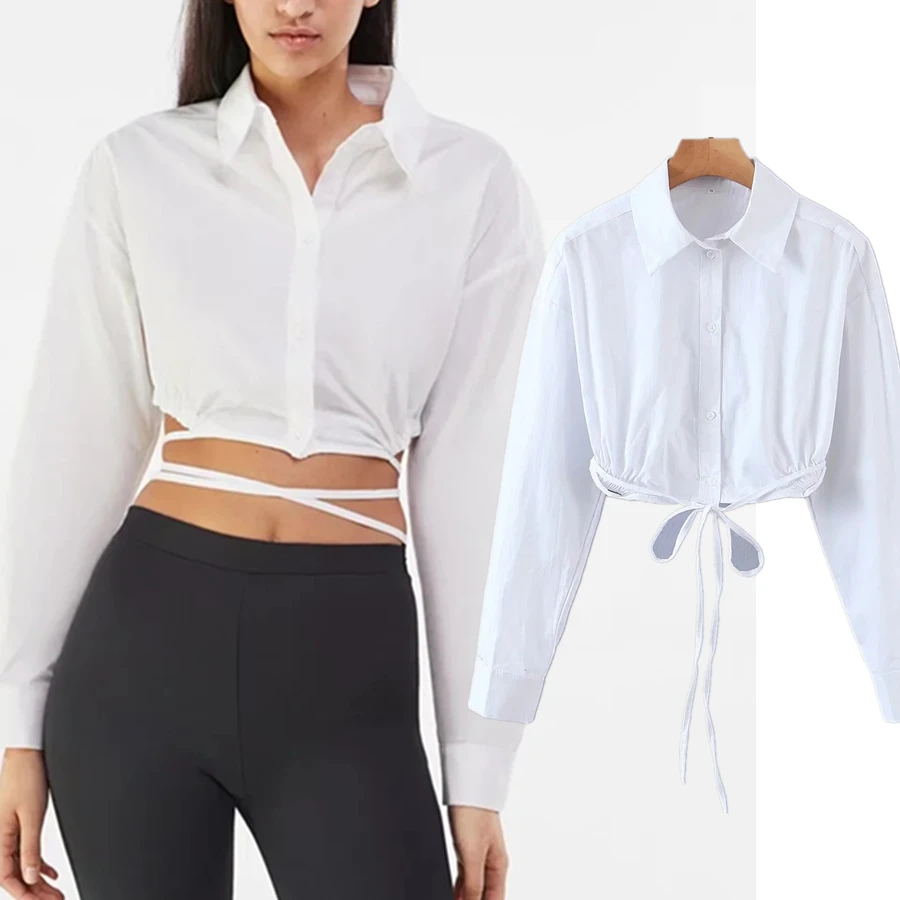 

Dave&Di 2022 Ins Blogger Fashion Shirt Women Short Tops High Street Bandage Sexy Cotton Long SLeeve Blouse Women