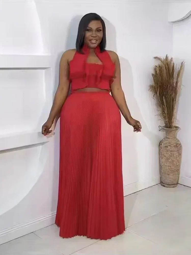 EGRM Плиссированный женский комплект однотонный укороченный топ с лямкой на шее и