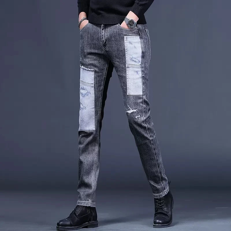 Fashion Patchwork Ripped Jeans Men Autumn Slim Fit Straight Pants Korean Style Streetwear Black Gray Denim Trousers CP2007