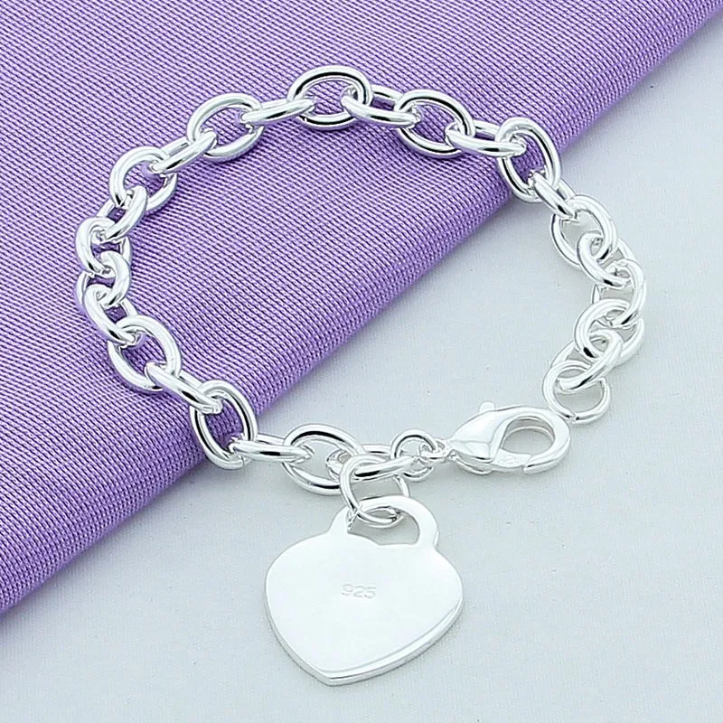 

New 925 Sterling Silver Bracelet Heart Pendant Lobster Clasp Bracelet for Women & Men Glamour Jewelry Gifts