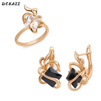 dckazz trendy square zircon flower ring earring set women girl gift gold color unusual crystal vintage earrings party jewelry