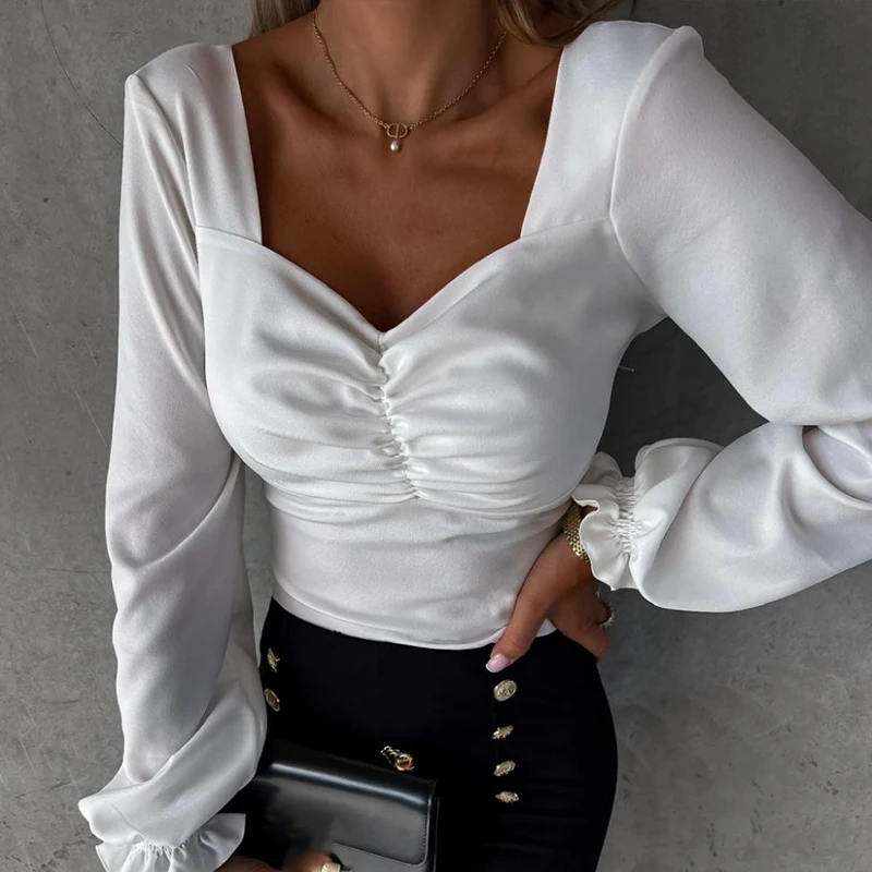 

Elegant Women Ruffle Long Sleeve Slim Blouse Tops Fashion Wrap V Neck Office Shirts Autumn Ladies Floral Print Pullover Blusa