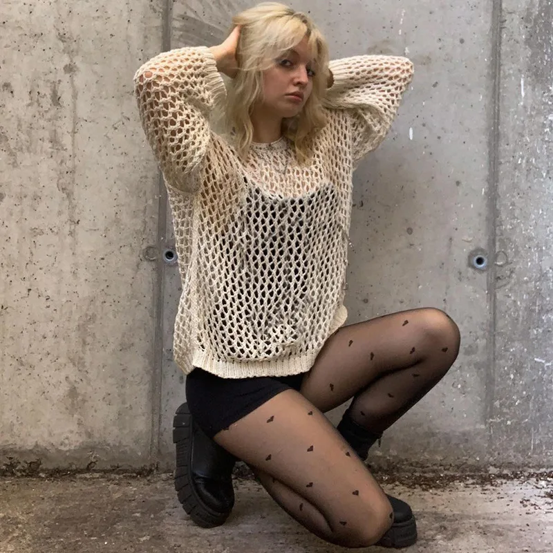 

Y2K Harajuku Hollow Out Knit Pullovers Autumn Blouse Loose Knitted Top Spring 2022 Vintage Top Fashion Retro Sweater 20981