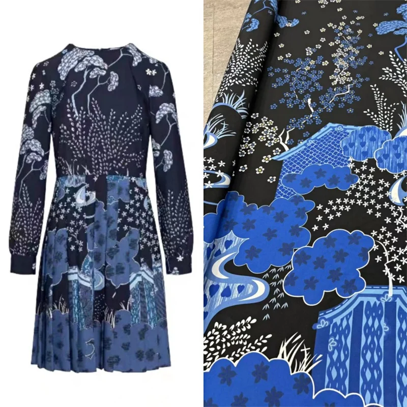 

New Fashion V Home Blue Black Geometric Print Silk Crepe De Chine Fabric Haute Couture Series Dress Skirt Diy Charms Designer