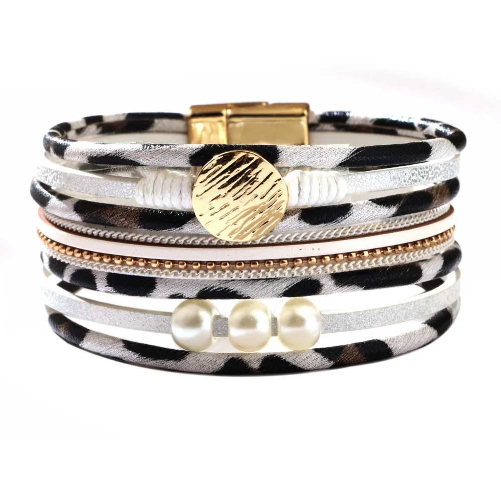 

European and American Style Fashion Multilayer Bracelet Leopard Pattern Imitation Pearl Minimalist Magnetic Bracelet
