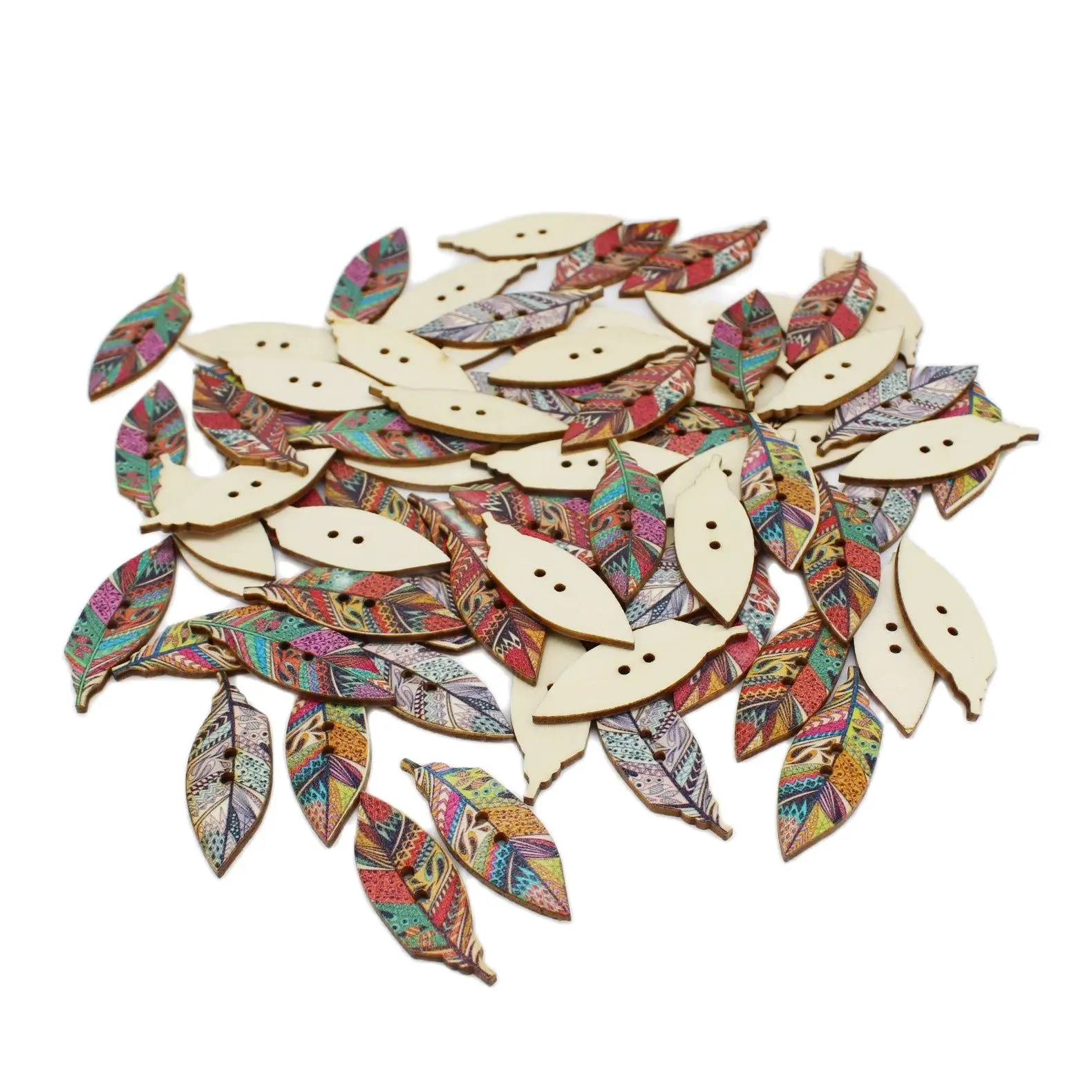 

50PCs/lot Fashion Leaves Painting buttons 2 Holes DIY Random Wooden Buttons For craft items Scrapbooking Accessories 15x41mm
