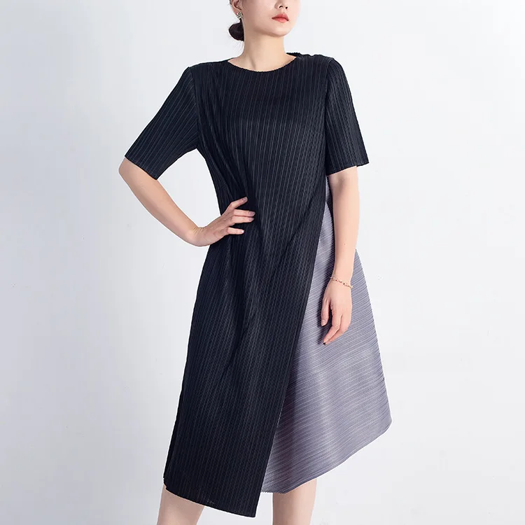 

Miyake Pleated Ladies Casual Fashion Colorblock Dress Short Sleeve Irregular Midi Dress