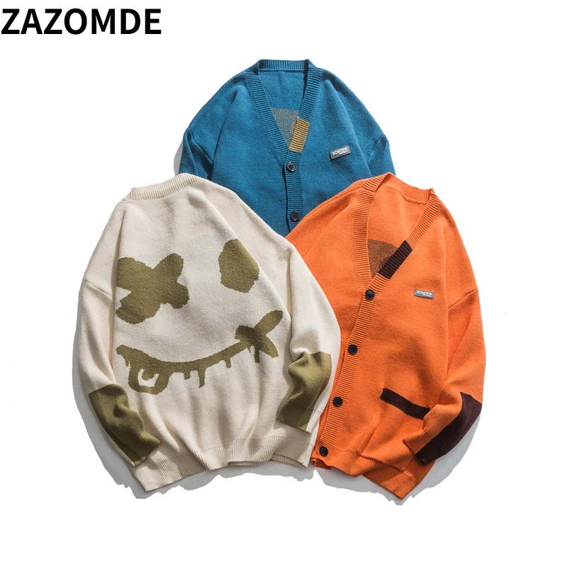 

ZAZOMDE New Winter Casual Cardigan Sweater Men Loose Harajuku Style V Neck Long Sleeve Mens Fashion Trendy Pocket Sweaters Coat