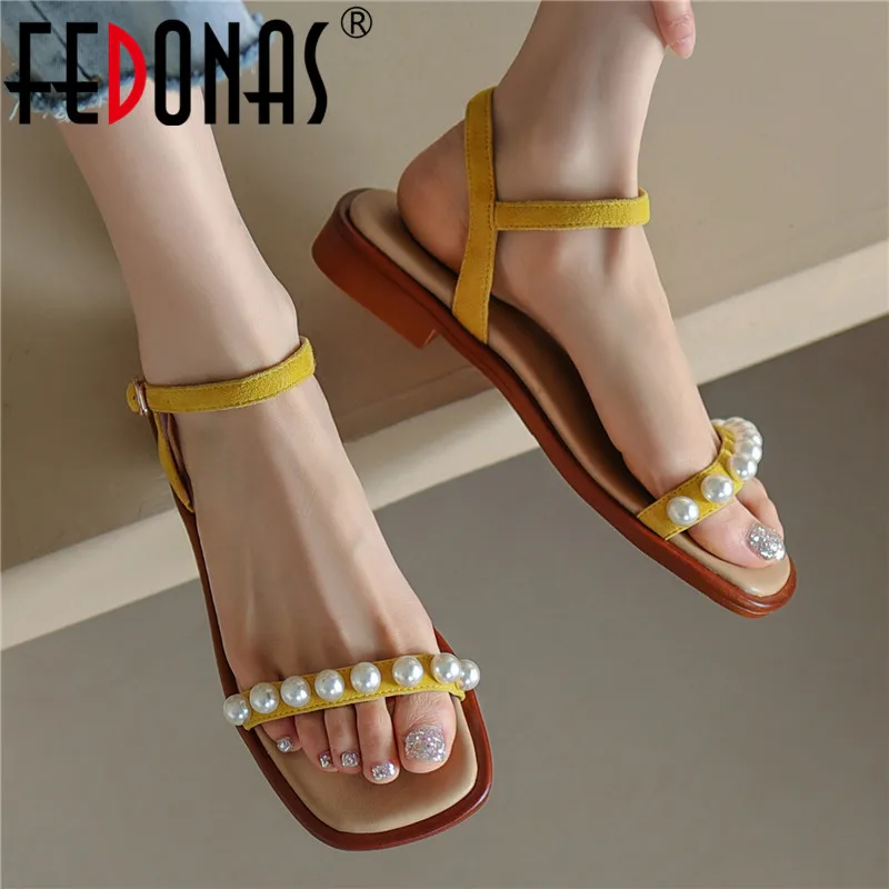 

FEDONAS Sweet Fashion Women Pearl Sandals 2022 Summer Cow Suede Leather Low Heels Shoes Woman Office Ladies Casual Party Pumps